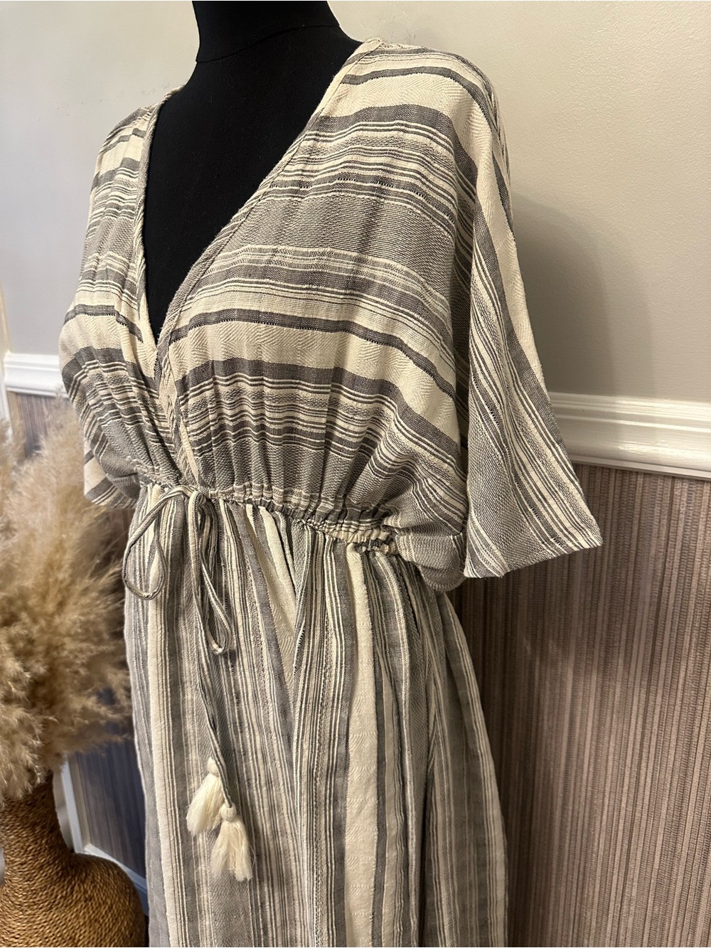 World Market Boho Striped Maxi Dress Tassel Tie Cotton L/XL - Picture 4 of 12